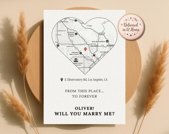 Custom Heart Map Proposal Card, Personalized Location, Will You Marry Me (Digital Download)