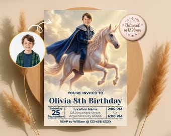 お子様をユニコーンライダーに変身させる招待状、魔法の誕生日招待状、ファンタジーパーティー、プリンセステーマ