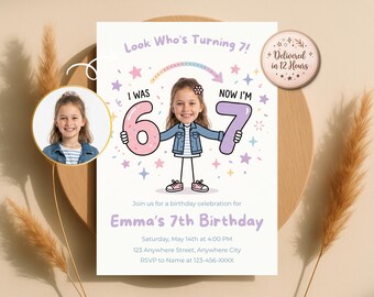 Custom 7th Birthday Invitation with Photo, 6 7 Transition Invite, Personalized Character Milestone, Digital