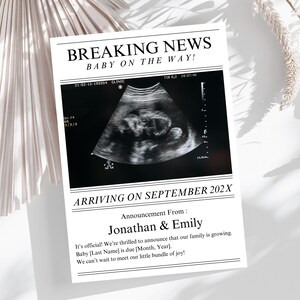 Bearbeitbare Zeitung Thema Schwangerschaft Ankündigung Einladungskarte Vorlage | Baby, die Ankunftsankündigung zum Ehemann | Ultraschall-Schwangerschaft-Karte