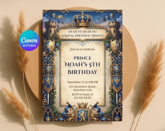 Royal Prince Birthday Invitation Template, Editable Medieval Knight Party Invite, Kingdom Castle, Digital Download