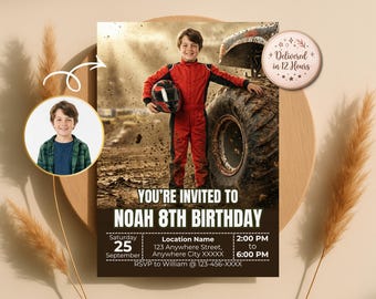 お子様をレーシングカードライバーに変身させる招待状、モンスタートラックの誕生日招待状、デジタルダウンロード