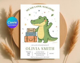 Invitación a fiesta de despedida con temática de caimanes, invitación editable para fiesta de despedida, plantilla "Hasta luego", digital