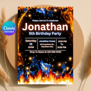 Fire Birthday Invitation, Editable Template, Hot Flame Theme DIY Party Invite Card, Printable, Digital