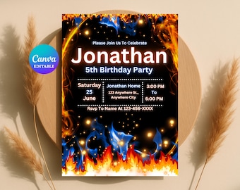 Fire Birthday Invitation, Editable Template, Hot Flame Theme DIY Party Invite Card, Printable, Digital