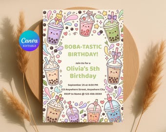 かわいいボバの誕生日招待状、バブルティーパーティー招待状、子供の誕生日の甘いお祝い、編集可能、デジタル