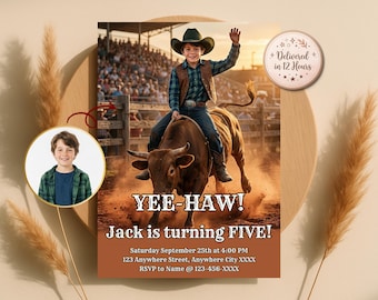 Custom Cowboy Rodeo Birthday Invitation, Bull Riding Theme, Child Photo (Digital Download)