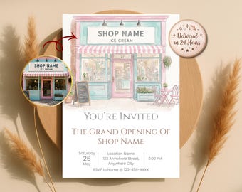 Invitación personalizada para la gran inauguración de una tienda, ilustración comercial en acuarela a partir de una foto, invitación para fiesta de lanzamiento, digital.