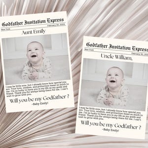 ¿Quieres ser mi padrino o madrina? Plantilla de tarjeta de invitación para propuesta de matrimonio / Tema de periódico Tarjeta de invitación para propuesta de matrimonio / Tarjeta editable