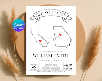 送別招待状、編集可能なテンプレート、パーソナライズされた地図テーマのDIYパーティー招待カード、印刷可能、デジタル
