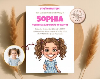 Caricature Birthday Invitation, Custom Kids Caricature from Photo, Personalized Party Invite, Digital Download