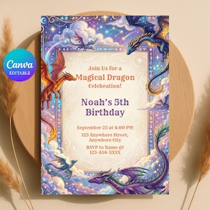 May include: A fantasy-themed birthday invitation featuring dragons in shades of orange, blue, and purple. The invitation includes the text "Join Us for a Magical Dragon Celebration!" and details for Noah's 5th Birthday.
