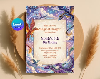 Magical Dragon Birthday Invitation Template, Editable Fantasy Kingdom Party Invite, Dragon Egg, Canva, Digital