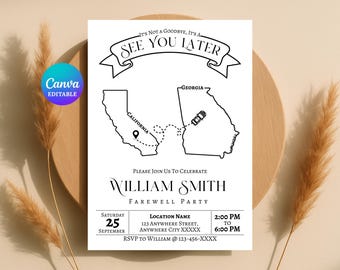 Farewell Invitation, Editable Template, Personalized Map Theme DIY Party Invite Card, Printable, Digital
