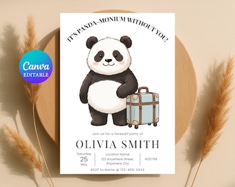 Invitación a fiesta de despedida con temática de pandas, invitación editable (descarga instantánea)