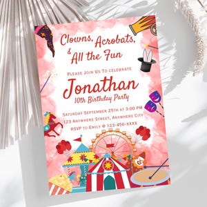 Plantilla de tarjeta de invitación para fiesta de cumpleaños con temática de carnaval de circo editable / Invitación de cumpleaños de payaso / Plantilla de cumpleaños / Tarjeta de invitación imprimible