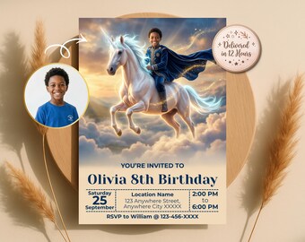 Turn Your Kid into Unicorn Rider Invitation, Magical Birthday Invite, Fantasy Party, Princess Theme