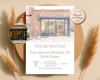 Custom Storefront Grand Opening Invitation, Watercolor Business Illustration from Photo, Launch Party Invite, Digital