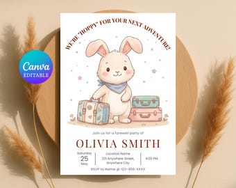 Invitación para fiesta de despedida con temática de conejitos, invitación editable para fiesta de despedida, ¡Hoppy For Next Adventure!, digital