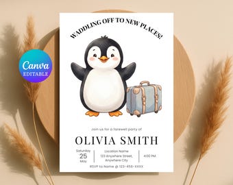 Invitación de despedida con temática de pingüinos, fiesta de despedida con el característico movimiento de su pingüino, editable (descarga instantánea)