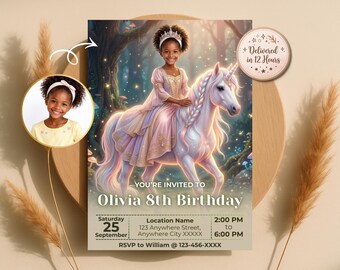 プリンセスユニコーンの誕生日招待状、お子様をプリンセスに変身させる魔法の招待状、デジタルダウンロード