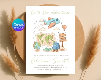 On to New Adventures Invitation | Travel Farewell Party Invite | Going Away Goodbye | Editable Template
