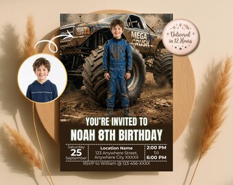 お子様をレーシングカードライバーに変身させる招待状、モンスタートラックの誕生日招待状、デジタルダウンロード