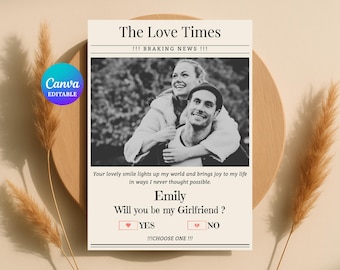 編集可能な新聞紙「彼女になってくれませんか？」プロポーズカードテンプレート：彼氏、バレンタイン、写真、印刷可能