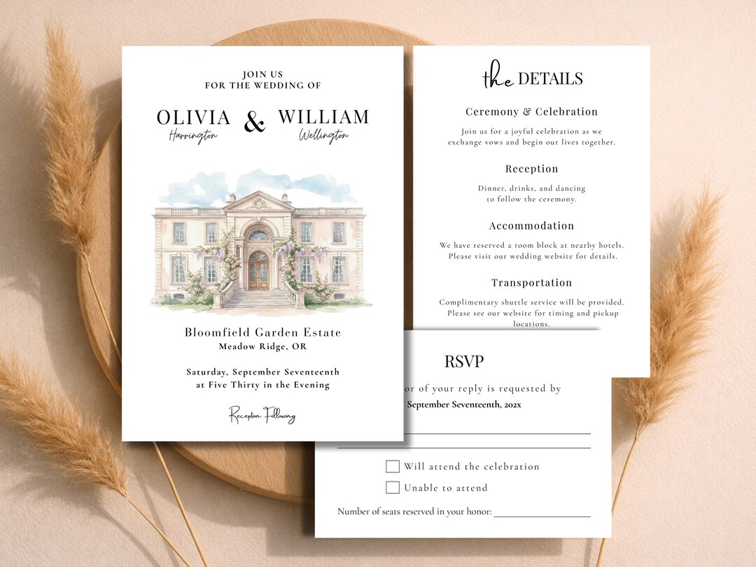 Custom Venue Illustration Wedding Invitation | Watercolor House ...