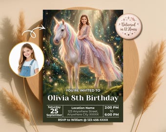 Princess Unicorn Birthday Invitation, Turn Your Child into Princess, Magical Invite, Digital Download