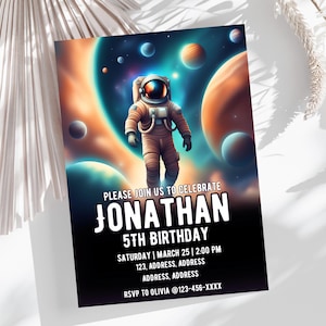 Modelos de convites para festa de aniversário com tema espacial | Convite de astronauta | Convite espacial | Cartão comemorativo | Evite editável