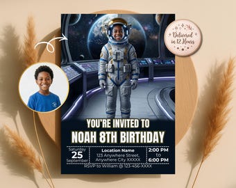 お子様を宇宙飛行士に変身させる誕生日招待状、宇宙をテーマにした招待状、カスタムテンプレート、デジタルダウンロード