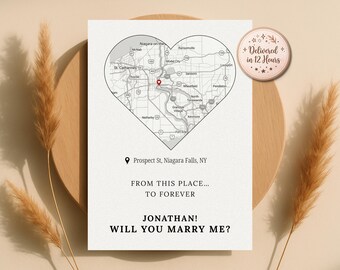 Custom Heart Map Proposal Card, Personalized Location, Will You Marry Me (Digital Download)