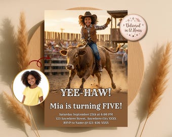 Custom Cowgirl Rodeo Birthday Invitation, Bull Riding Theme, Child Photo (Digital Download)