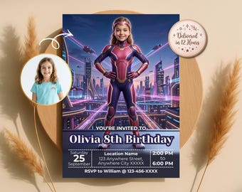 Girl Superhero Birthday Invitation, Turn Your Kid into a Hero, Party for Girls, Digital Download