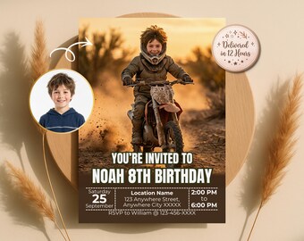 お子様をダートバイクライダーに変身させる招待状、カスタム誕生日招待状、レーシングテーマ、デジタル