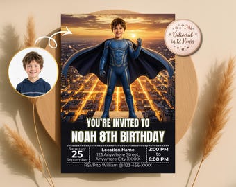 お子様をスーパーヒーローに変身させる招待状、カスタム写真入り誕生日招待状、キッズスーパーヒーローパーティー、デジタル