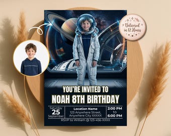 お子様を宇宙飛行士に変身させる誕生日招待状、宇宙をテーマにした招待状、カスタムテンプレート、デジタルダウンロード