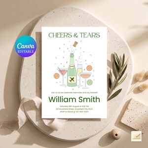 May include: A white invitation card featuring the text CHEERS & TEARS, a green champagne bottle with an aeroplane icon, various cocktail glasses, citrus slices, and confetti. The card includes the name William Smith and event details.