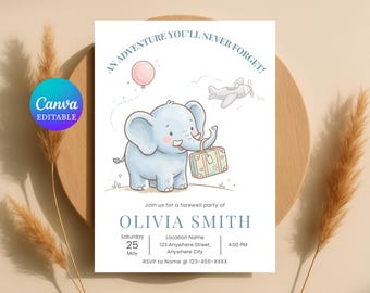 Invitación a fiesta de despedida con temática de elefantes, invitación editable para fiesta de despedida (descarga instantánea)