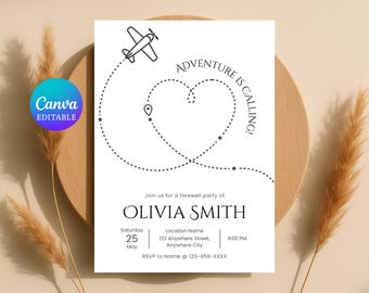 Invitación a fiesta de despedida con temática de viajes, invitación editable con ruta de vuelo (descarga digital)