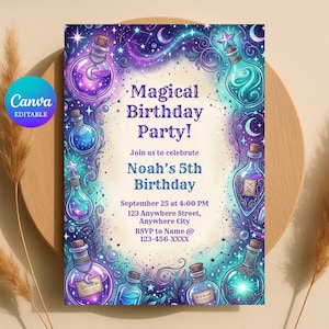 Puede incluir: Una invitación caprichosa para una fiesta de cumpleaños mágica. El diseño presenta botellas de pociones coloridas, estrellas y una luna creciente sobre un fondo estrellado. El texto dice "Magical Birthday Party!" e incluye los detalles de la fiesta para el 5º cumpleaños de Noah.