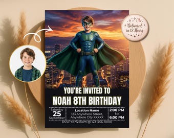お子様をスーパーヒーローに変身させる招待状、カスタム写真入り誕生日招待状、キッズスーパーヒーローパーティー、デジタル