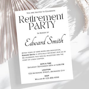 Modello di invito per festa di pensionamento modificabile / Modello di invito per festa di pensionamento minimalista / Modello di invito per festa di pensionamento moderno / Stampabile