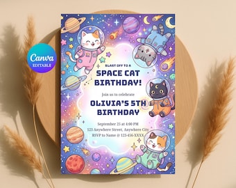 宇宙猫の誕生日招待状、かわいい宇宙飛行士の子猫パーティー招待状（デジタルダウンロード）