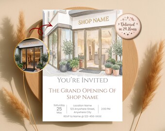 Invitación personalizada para la gran inauguración de una tienda, ilustración comercial en acuarela a partir de una foto, invitación para fiesta de lanzamiento, digital.