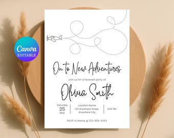 Invitación "A nuevas aventuras" / Invitación a despedida de viaje / Plantilla editable