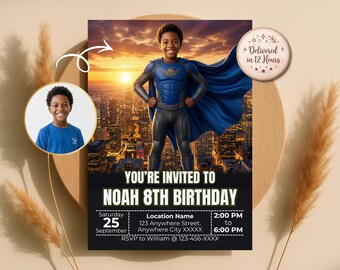 お子様をスーパーヒーローに変身させる招待状、カスタム写真入り誕生日招待状、キッズスーパーヒーローパーティー、デジタル