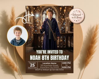 魔法使いの誕生日招待状 – お子様を魔法使いに変身させましょう、魔法の城パーティー招待状、デジタルダウンロード