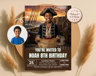 お子様を海賊に変身させる招待状、宝探し誕生日招待状、海賊テーマ、デジタルダウンロード